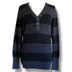 Smartwool Womens Sweater Sz Medium Gray Black Stripe Merino Wool Henley Stretch